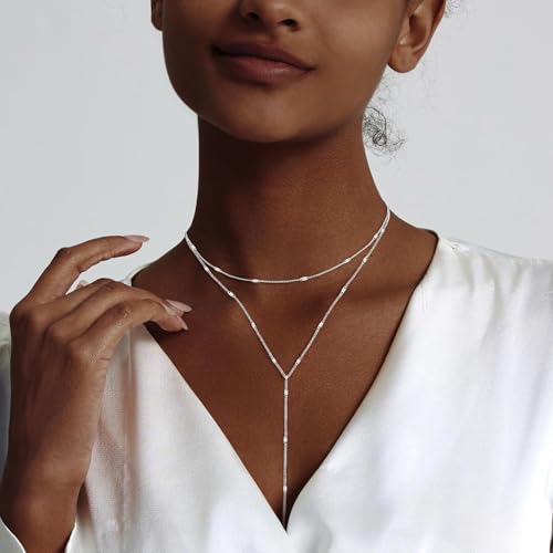 HAXIYA Lariat Gold Necklace for Women Dainty Long Necklace 14K Gold Plated/Silver Y-Shaped Pendant Drop Chain Layered Pearl/Beaded/CZ Necklaces Gold Jewelry Gift for Prom/Wedding - style: Sequin - Silver