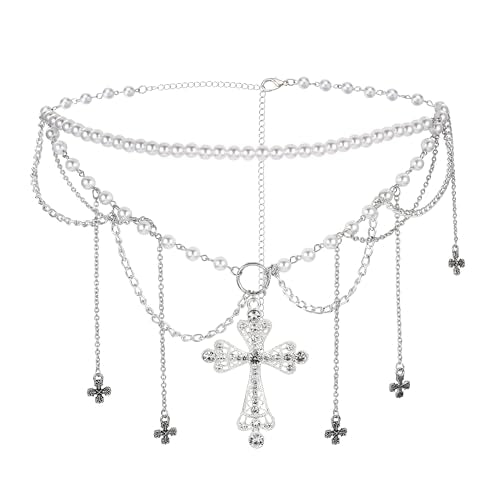 Ayliss Gothic Cross Waist Chain Belt Goth Punk Belt Pearl Beaded Belly Emo Y2k Grunge Accessories for Halloween Cosutme