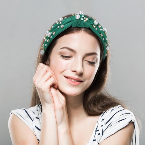 WantGor Pearl Knotted Headband, Women Rhinestone Embellished Hairband Elegant Wide Top Knot Bride Headbands Headpieces Party Fashion Elegant Ladies Hair Band Hair Hoop Accessories (Green) - color: Green