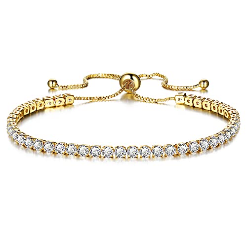 CiNily Adjustable Tennis Bracelets for Women Teen Girls Rainbow Cubic Zirconia Bracelet 14K White Gold Plated Hypoallergenic Slider Bracelet Jewelry Gift - color: Adjustable bracelet-Yellow Gold