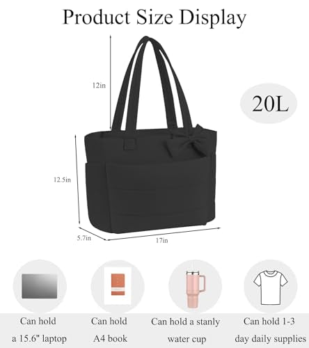 CTWWFS Puffer Tote Bag for Women, Quilted Bow Tote Bag with Cup Holder & 15.6 In Laptop Compartment for Work, Travel, Gym - color: Black