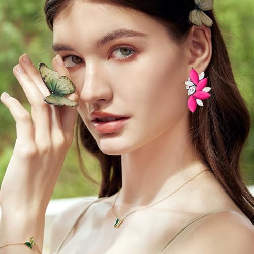 Bohemian Statement Sparkly Colourful Fancy Rhinestone Crystal Flower Dangle Drop Stud Earrings Vintage Wedding Bridal Prom Earrings for Women - color: Rose Red