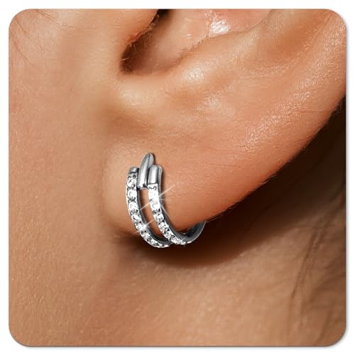 Small Cartilage Double/Triple-Hoop Helix Conch Piercing Earrings With Cubic Zirconia For Women Trendy 14K Gold Plated Titanium Surgical Stainless Steel Sets Nose Rings Hoops Septum Rings - color: Silver, style: C-4Pairs-16Gauge-Double CZ hoop