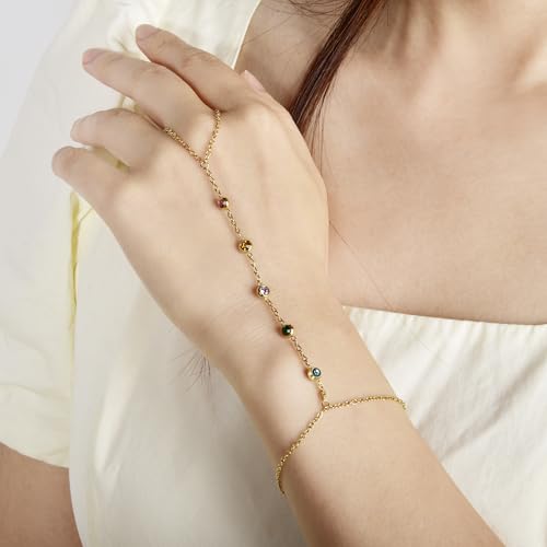 Hand Chain Bracelet Stainless Steel Finger Ring Bracelet Adjustable Gold Plated Hand Chain CZ Stackable Boho Minimalist Jewelry for Women - color: Gold Hand Chain Bracelet AN135G