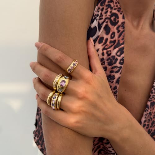 Chunky Gold Rings for Women Non Tarnish Silver Chunky Rings Set Adjustable Thick Statement Ring Gold Stackable Ring for Women Trendy Fashion Silver Jewelry - style: Style8-Purple Gemstone 6Pcs