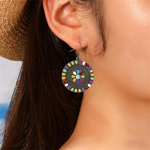 MALOYANVE Vintage Boho Circular Flower Dangle Earring, Handmade Bronze Tribal Round Enamel Floral Drop, Bohemian Ethnic Statement Jewelry Gift for Women - color: Ancient Muticolor