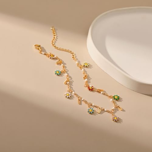 Yumikoo 18k Gold Plated Anklet Ankle Bracelets for Women - style: Colorful Flowers Square Rings