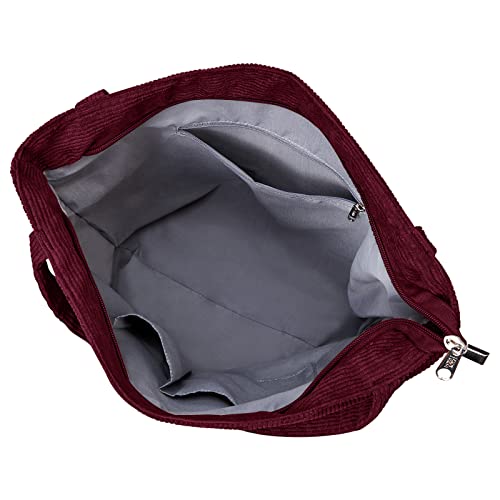 KALIDI Women Corduroy Tote Bag Zipper Casual Tote's Handbag Big Capacity Shoulder Bag with Pockets - color: Red