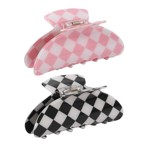 2PCS Checkered Hair Clips for Women Girls – Trendy Acetate Medium Claw Clips, Preppy Style Hair Accessories for Thin Hair - color: checked