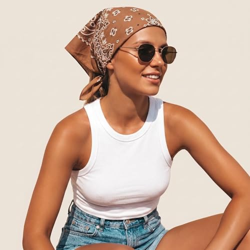 Junvena 27 Inch Extra Large Bandana 100% Cotton,Soft Thin Breathable Headband for Men Women, Solid & Paisley - color: Coffee 3 Pack