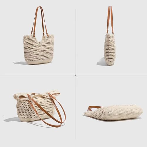 Cotton Fibre Crochet Beach Tote Bag for Vacation,Bohemian Cotton Hobo Shoulder Bag Casual Woven Purse for Women - color: Beige Shoulder Bag - 3