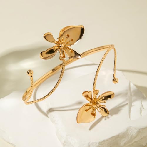 Flower Arm Cuff Bracelets for Women Adjustable Gold Upper ArmBand Jewelry Boho Floral Open Wrap Statement Bangle Bracelet Arm Cuff Jewelry Gifts for Women - color: Gold