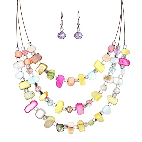 3 Layered Chunky Statement Necklace for Women Beaded Strand Necklaces with Earring Fashion Costumes Collar Necklace Jewelry Sets Gifts for Women - color: 50-Light colorful