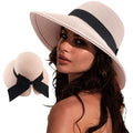 DRESHOW Sun Hats for Women Travel Fedora Foldable Beach Sun Hat Summer Wide Brim Straw Bucket Hat with Bowknot UPF 50+ - color: 1 Pack With Bowknot: Nude Pink
