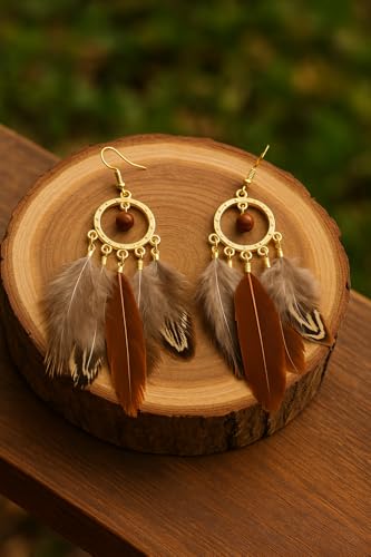Feather Earrings for Women, Boho Long Brown Gold Dangle Drop Earrings, Handmade Statement Vintage Western Style Lightweight Trendy 2026 Fancy Unique Jewelry Gift - color: Brown