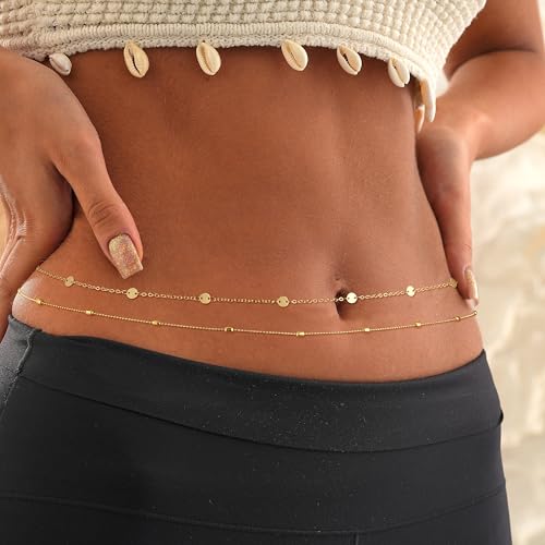Kyerlyn Body Chain for Women 14K Gold Plated Waist Beads Chain Gold Belly Belt Cuban Layered Body Chains Waterproof Adjustable Sexy Bikini Beach Body Jewelry Daily Belts Gifts for Women 26.5-33Inch - style: Bead+Sequin -GD