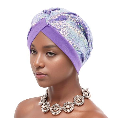 Erinaco Women Sparkle Sequin African Turban Bow Knot Pre-Tied Cap Pleated Ruffle Bonnet Beanie Hat Headwrap Skull Caps - color: Sparkle Light Purple