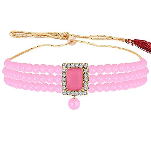 Aheli Ethnic Choker Necklace Earrings Wedding Bollywood Party Jewelry Set Gift for Women - color: Pink