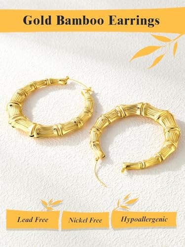 U7 Bamboo Earrings for Women 18K Gold Plated/Stainless Steel/Personalized Black Statement Extra Large Hoop Earrings 80s 90s Custom Name Huggie Earrings for Party Fashion Jewlery - color: 01.Gold, size: 70 MM