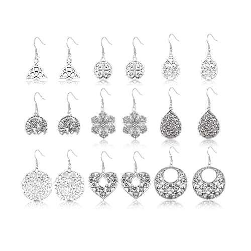 9 Pairs Silver Dangle Earrings for Women Set Retro Vintage Statement Bohemia Boho Drop Earrings Summer Jewelry for Women - style: C