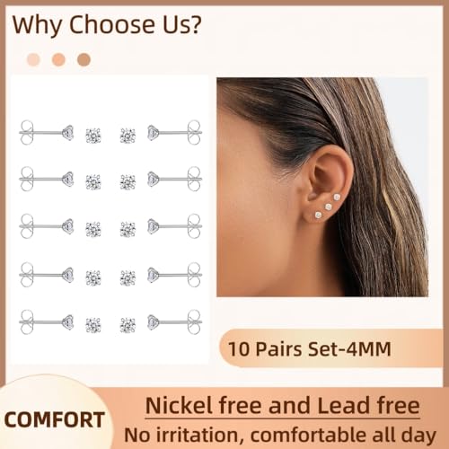 10 Pairs Small Stud Earrings for Women Precision-Cut Cubic Zirconia Earrings for Sensitive Ears Hypoallergenic Surgical Stainless Steel Tiny Stack Earrings for Multiple Piercing - color: 4mm-10 Pairs