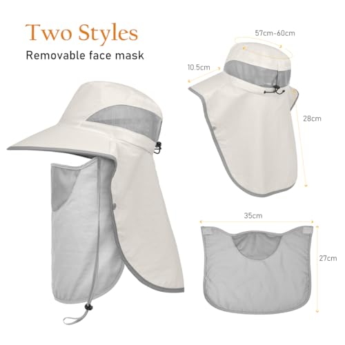Womens Sun Hat Wide Brim UPF50+ Outdoor Sun Protection Ladies Fishing Hat with Neck Flap Detachable Face Cover - color: Beige