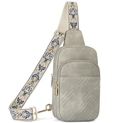 BOSTANTEN Sling Bag Quilted Crossbody Bags for Women Cross Body Purse Leather Fanny Pack with Adjustable Guitar Strap - color: A-twilight Grey