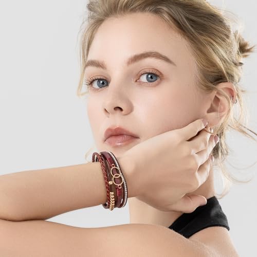 FANCY SHINY Boho Leather Wrap Bracelet Stackable Infinity Chunky Cuff Bracelets Western Hippie Outfits Jewelry Valentine Gifts for Women - color: Burgundy