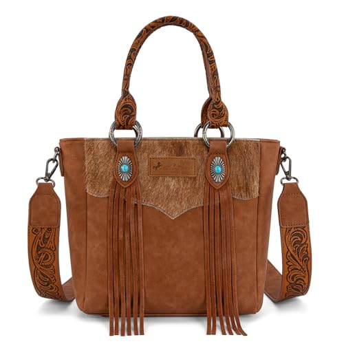 Montana West Western Cowhide Crossbody Bag for Women Designer Leather Tassel Top Handle Handbags - color: Brown