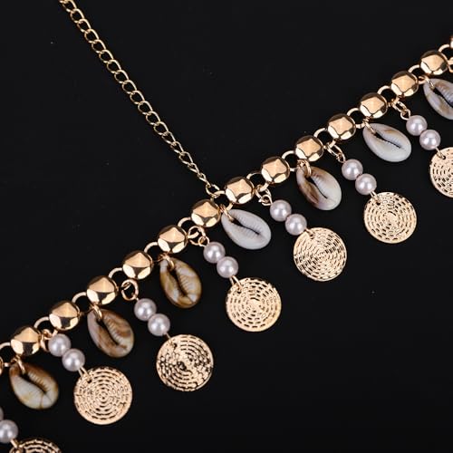 Teyglen Vintage Golden Coin Head Chain with Pearl Shell Tassel Hair Chain Boho Sequins Headpiece Wedding Head Jewelry for Women Beach Halloween Costume Accessory