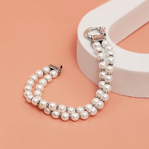 LeCalla Pearl Bracelets for Women in 925 Sterling Silver & 14K Gold-Plated Silver | Adjustable Pearl Bolo Bracelets | Handmade Sliding Chain Beaded Bracelet Jewelry Gifts for all Occasions - color: Two Strand Stretch Bracelet