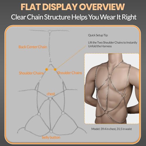 Men's Chest Belt Chain Body Costume Adjustable Goth Body Suit Fashion Mens Rave Outfit for Cosplay Festival Party Stage Performance C140