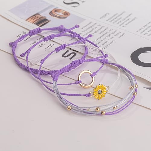FANCY SHINY Easter Gifts Basket Stuffers Sunflower String Bracelet Boho Braided Rope Wrap Bracelets Cute Summer Beach Surfer Jewelry for Women - color: Purple