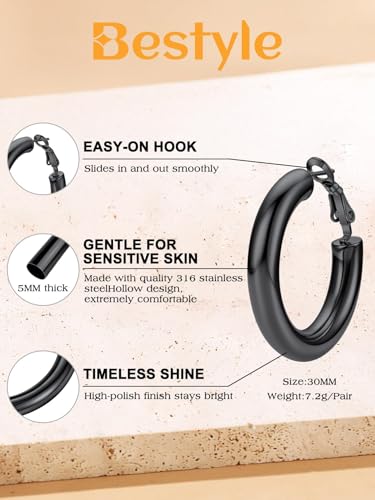 Bestyle 5mm Thick Gold Hoop Earrings Hypoallergenic Hoops for Sensitive Ears Trendy Lightweight Chunky Earrings for Women 30/40/60/80mm - color: 01-Black, size: 30mm