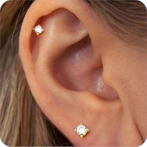 Gold Hoop Earrings Set: Dainty Stud Earrings 14K Gold Plated Earrings for Women Trendy Hypoallergenic Gold Stud Earrings 3-4mm Cubic Zirconia Cartilage Piercing Gold Jewelry for Women Gifts - color: Gold-CZ-3mm