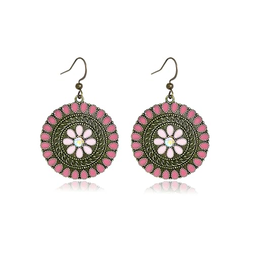 MALOYANVE Vintage Boho Circular Flower Dangle Earring, Handmade Bronze Tribal Round Enamel Floral Drop, Bohemian Ethnic Statement Jewelry Gift for Women - color: Pink