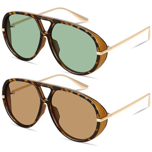 GRFISIA Retro Oversized Aviator Sunglasses for Women Men Metal 70s Aviators 2026 Fashion Shades for Beach Vacation UV400 - color: (2pcs) Tortoise/Green+tortoise/Brown
