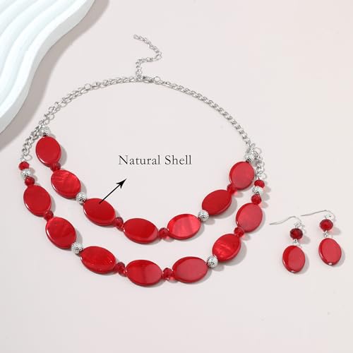2 Layered Chunky Beaded Shell Necklace for Women Sea Shell blue/yellow/red/green/turquoise/teal/white Statement Necklace and Earring Set Elegant Women Necklace Set Jewelry Sets for Women - color: Red