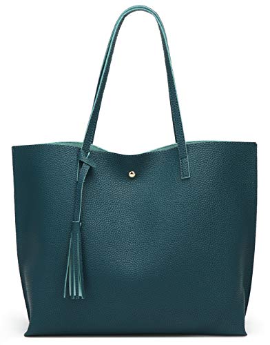 Dreubea Women's Soft Faux Leather Tote Shoulder Bag from, Big Capacity Tassel Handbag - color: Dark Teal