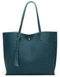 Dreubea Women's Soft Faux Leather Tote Shoulder Bag from, Big Capacity Tassel Handbag - color: Dark Teal