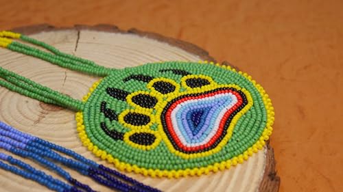 Handmade Native American Style Tribal ethnic Seed Bead Beaded Layered Medallion Necklace #1 - color: Green Bear Paw