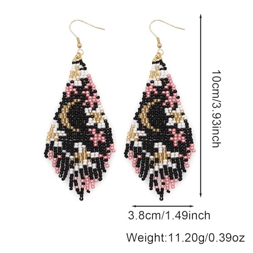 Flower Black Beaded Long Tassel Western Native American Earrings For Women Dangling - color: black pink