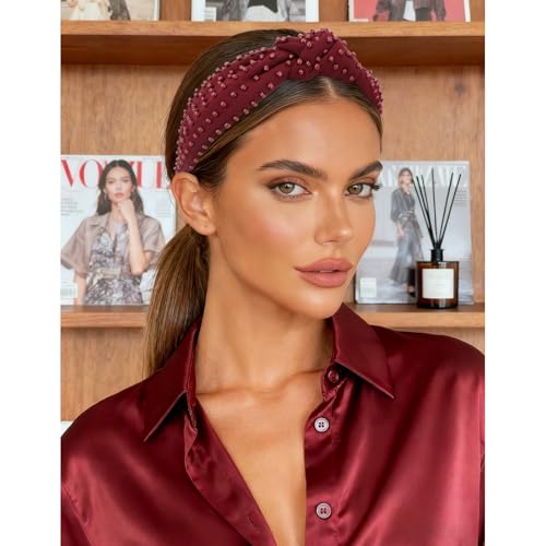 YISSION 1PC Beaded Knotted Headband Wide Jeweled Headbands for women Non Slip Embellished Hairband Dark Red Head Band Hair Accessories for Women Girls - color: Dark Red