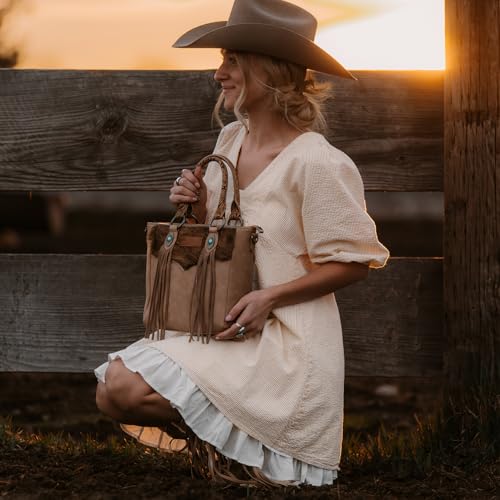 Montana West Western Cowhide Crossbody Bag for Women Designer Leather Tassel Top Handle Handbags - color: Beige