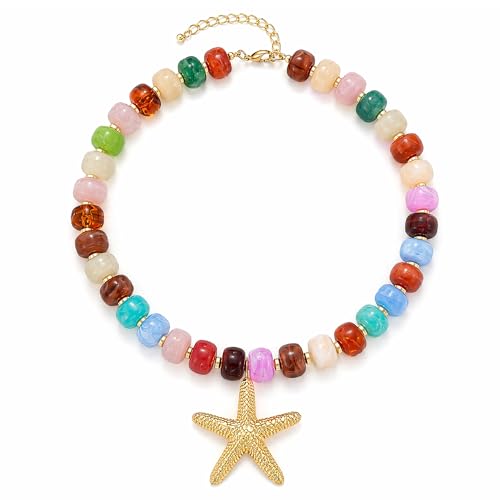 Chunky Beaded Starfish Shell Necklace for Women Colorful Boho Summer Chain Choker Beach Necklace with Acrylic Beads Trendy Chunky Jewelry Gifts - color: XL005F