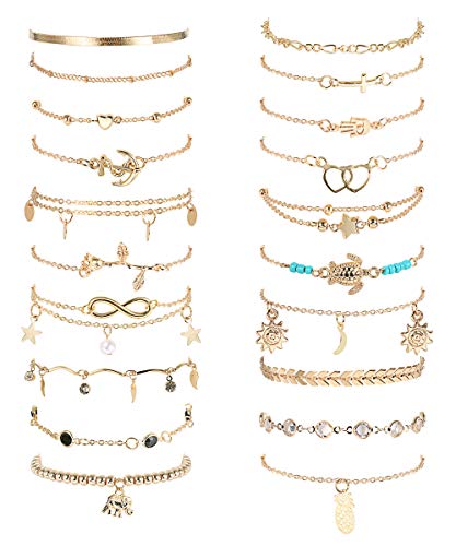 FASACCO 20Pcs Ankle Bracelets for Women Adjustable Beach Anklet Set Surfer Anklet Heart Star Turtle Infinite Anklets Foot Jewelry - color: gold tone