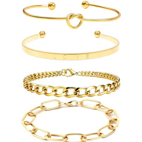 Alegend Titanium Steel (Not Rust, Resist Corruption, Easily Clean) 18K Gold Plated Single Bracelets + 14K Gold Plated Stackable Multilayer Bracelets - style: 14K Gold Plated Four-Layered A