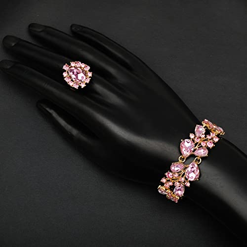 CSY 4 Pcs/Set Austrian Crystal Necklace Earrings Bracelet Ring Bridal Jewelry Sets for Brides Wedding Party Costume Accessories Gifts for Women - color: 02-gold plated-pink
