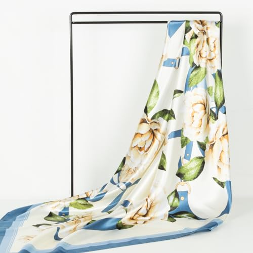 RIIQIICHY Head Scarf for Women Like Silk Scarf Hair Scarf Printed Square Scarf Bandanas for Women 35 Inches - color: Blue/Ivory/Green