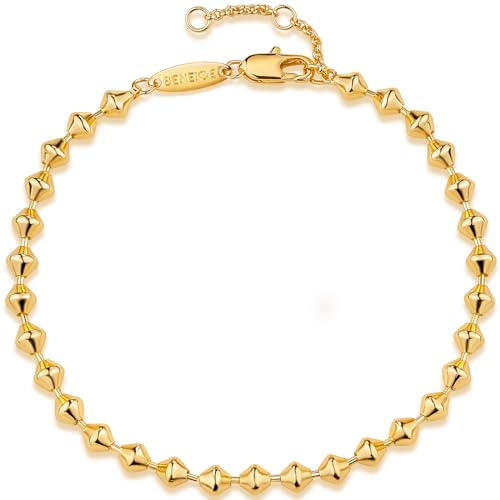 BENEIGE Women Bracelet 14K Gold Plated Paperclip Satellite Bead Ball Oval Cuba Cable Box Chain Daily Charm Layered Link Silver Bracelets Adjustable Jewelry - style: Beaded Diamond Chain